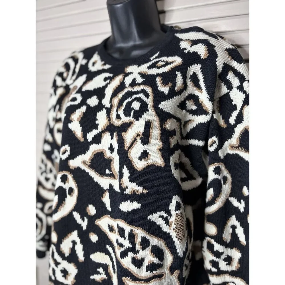 Chai's Black/Tan Animal Print Crew Neck Sweater Long Sleeve Size Large Thick